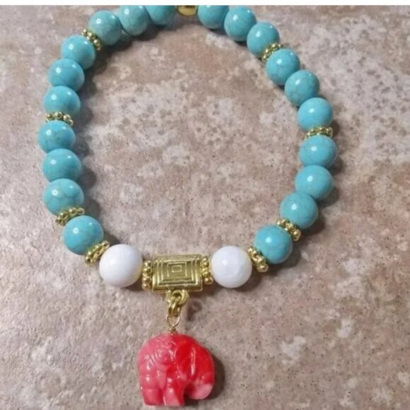 Hand Crafted Jewelry - Elephant Lovers Bracelet ~ Aqua White + Salmon Stretch Bracelet ~ 7-7.5" Wrist